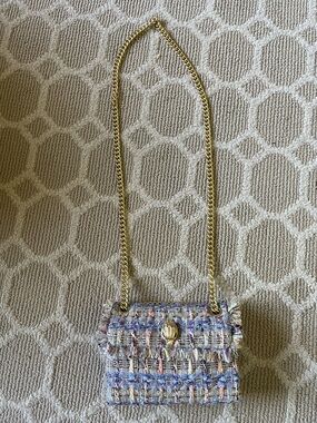 Tweed Fringe Crossbody Bag with Gold Chain - Blue, Cream & Pink